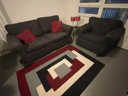 Photo of free IKEA 2-Seater Sofa + Armchair with Cushions – Dark Br (Cameron Toll EH16) #1