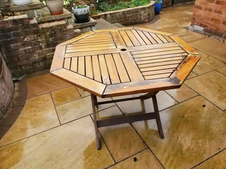 Photo of free Teak Garden Table, Octagonal, 1 m x 1.1 m wide x 0.7 m high (Woodloes Park CV34) #4