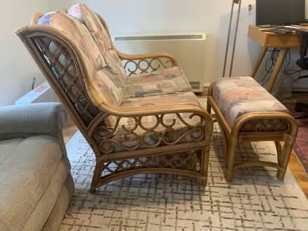 Photo of free wicker 2‐seater + matching footstool + cushions (Saxmundham IP17) #2