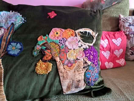 Photo of free Large green vintage cushion with hand sewn flowers (Withdean BN1) #3