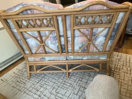Photo of free wicker 2‐seater + matching footstool + cushions (Saxmundham IP17) #3