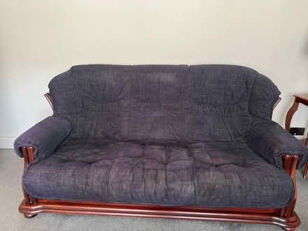 Photo of free Black velour sofas with mahogany surround 2 seater and 3 sea (Wallasey CH45) #2