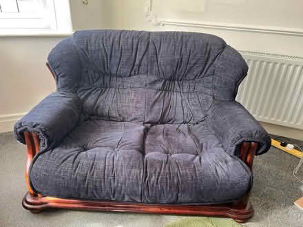 Photo of free Black velour sofas with mahogany surround 2 seater and 3 sea (Wallasey CH45) #1