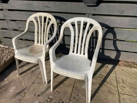 Photo of free 2x white plastic garden chairs (HR6 Yarpole) #1