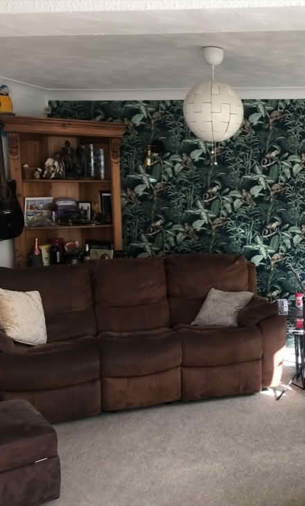 Photo of free 3 seater brown suede sofa and a footstool (Heartsease NR7) #1