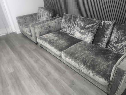 Photo of free grey crushed velvet 3-seater and armchair - must go b (Taverham NR8) #2