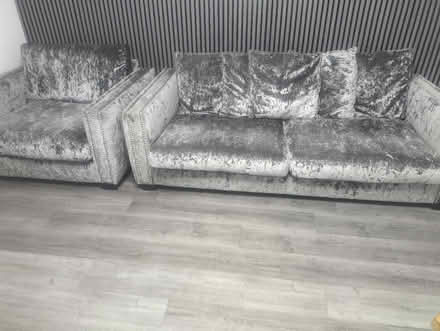 Photo of free grey crushed velvet 3-seater and armchair - must go b (Taverham NR8) #1