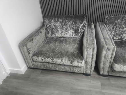 Photo of free grey crushed velvet 3-seater and armchair - must go b (Taverham NR8) #3