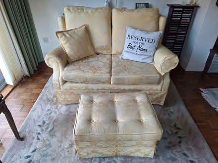 Photo of free Yellow 3 seater sofa, 2 two seater sofas and matching footst (Westcliff-on-sea SS0) #1