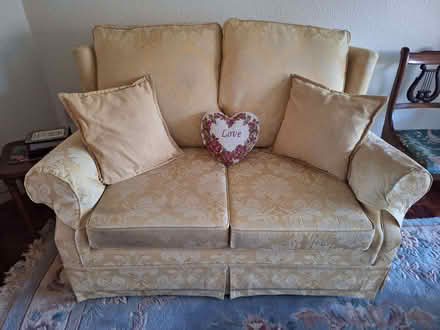 Photo of free Yellow 3 seater sofa, 2 two seater sofas and matching footst (Westcliff-on-sea SS0) #2