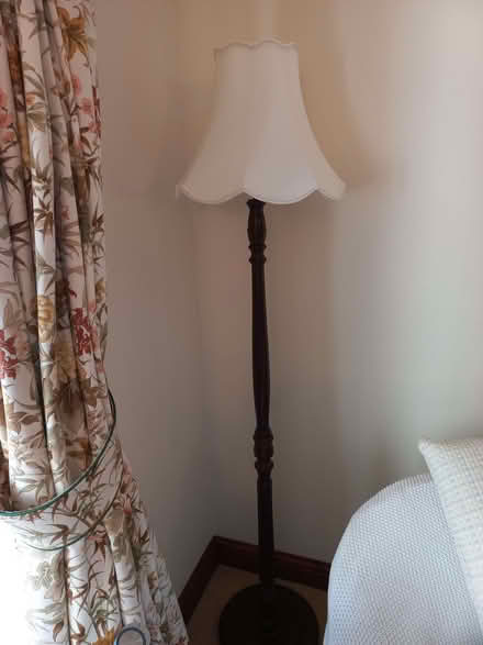 Photo of free Standard lamp with ivory- shade and dark wood base. (Highertown TR1) #1