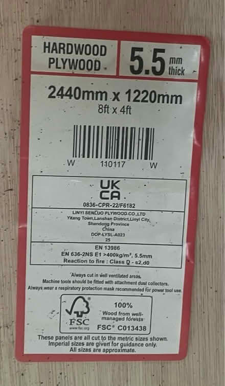 Photo of free Large plywood sheet 5.5mm thick (2.44mx1.22 mtr (Wadsley S6) #2