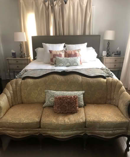 Photo of free King bed frame- gray upholstered (St Petersburg (Historic NE)) #2