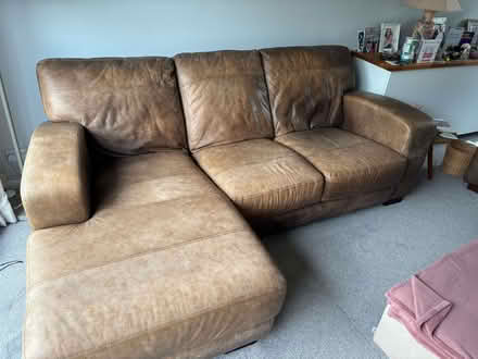 Photo of free Brown leather 3 seater sofa with chaise long from DFS (Newton Longville MK17) #1