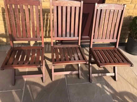 Photo of free 3 wooden garden chairs (Barrowford BB9) #1