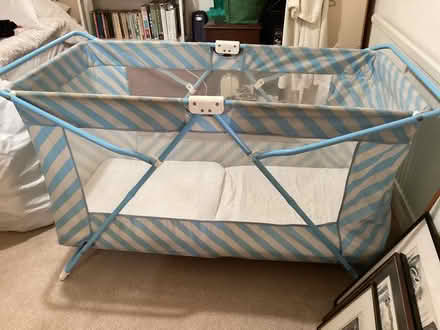 Photo of free large travel cot with cot linen (Felindre LD7) #1