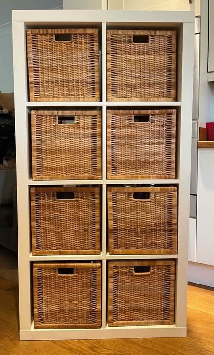 Photo of free White Ikea Kallax unit with 8 baskets (St Mark's GL51) #1