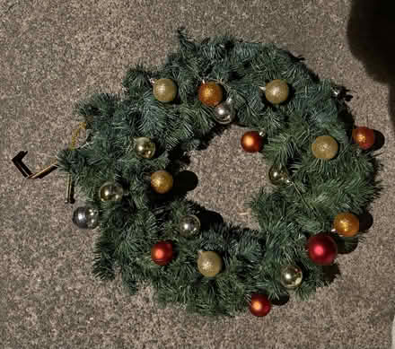 Photo of free Xmas wreath with ornaments & hanger (1075 Valencia Avenue) #1