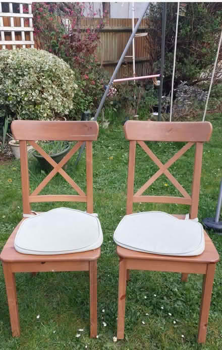 Photo of free 2 wooden chairs with cushion pads (South Norwood SE25) #1
