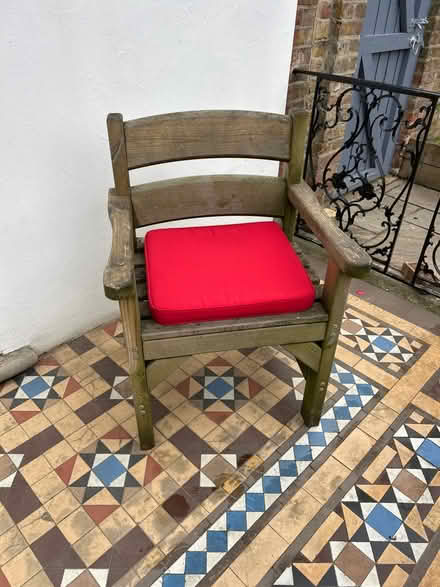 Photo of free 2 sturdy wide wood garden chairs (Near Kew Gardens, Richmond) #1