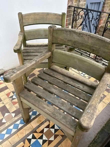 Photo of free 2 sturdy wide wood garden chairs (Near Kew Gardens, Richmond) #2