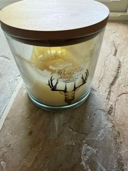 Photo of free Very large glass jar and lid - candle 1/4 left (Dutton PR3) #1
