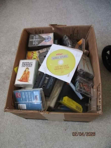 Photo of free Box of misc DVDs CDs and cassette tapes (Innsworth GL3) #1