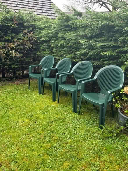 Photo of free 4 Green plastic garden chairs (Longton) #1