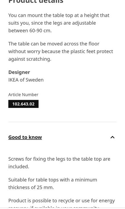 Photo of free Ikea Olov leg(1) adjustable 60-90cm (Dublin 1) #4