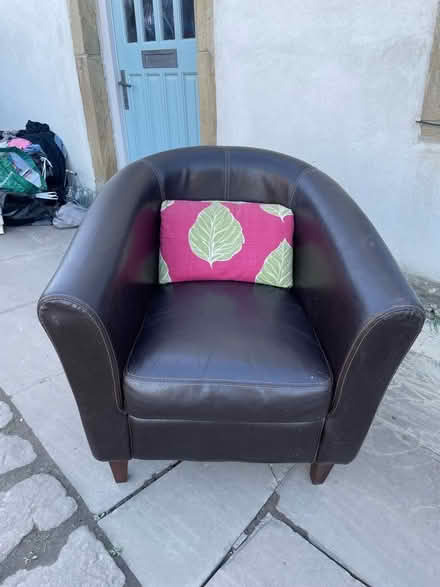 Photo of free Brown leather tub chair and cushion (Within Fields HX3) #1