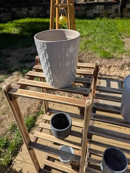 Photo of free 5 Layer wooden Plant Stand with grey pots (Grangeway area NN10) #2