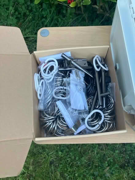Photo of free Box of assorted curtain hooks, cabinet handles and hinges (Peterhouse Mews CB4) #1