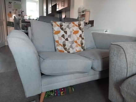 Photo of free 2 seater grey sofa with patterned cushion (Penrith CA11) #1