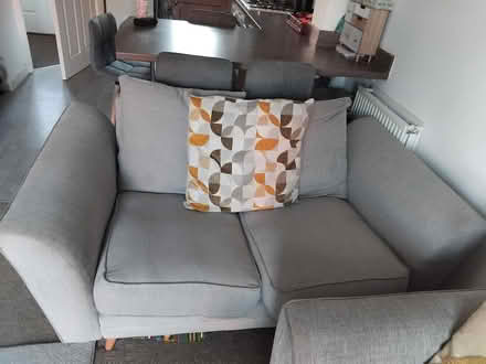Photo of free 2 seater grey sofa with patterned cushion (Penrith CA11) #2