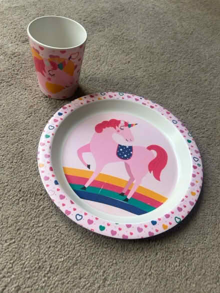 Photo of free Kids unicorn plate and cup set (Bisley Woking GU24) #2