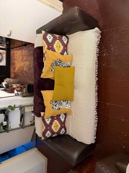 Photo of free Large Brown Leather Sofa with throw and cushions (Hoxton N1) #3