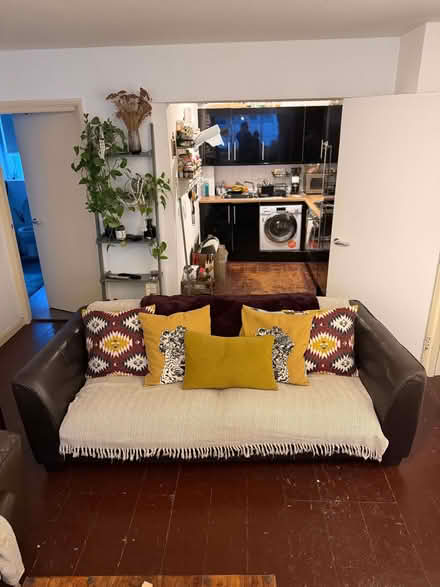 Photo of free Large Brown Leather Sofa with throw and cushions (Hoxton N1) #4