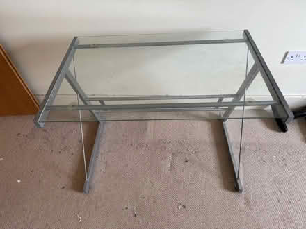 Photo of free Clear glass computer desk 90x60, grey metal frame. (Lexden CO3) #1