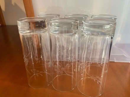 Photo of free 6 matching etched tall glasses (Cogges OX28) #1