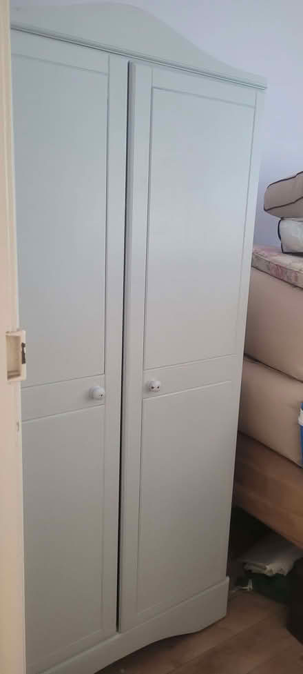 Photo of free Grey painted pine wardrobe with casters (Scale Hall LA1) #1