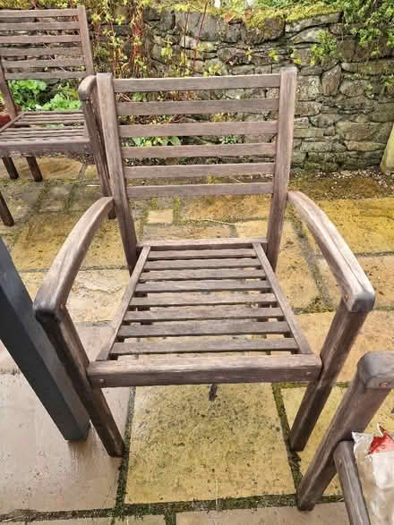 Photo of free 6 wooden garden chairs (Old Hutton LA8) #3