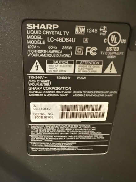 Photo of free 45" Sharp LCD TV without power cord (Burlingame, CA) #1