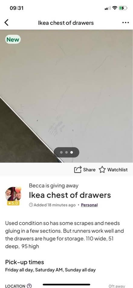 Photo of free Ikea chest of drawers HEMNES (Archway N19) #4