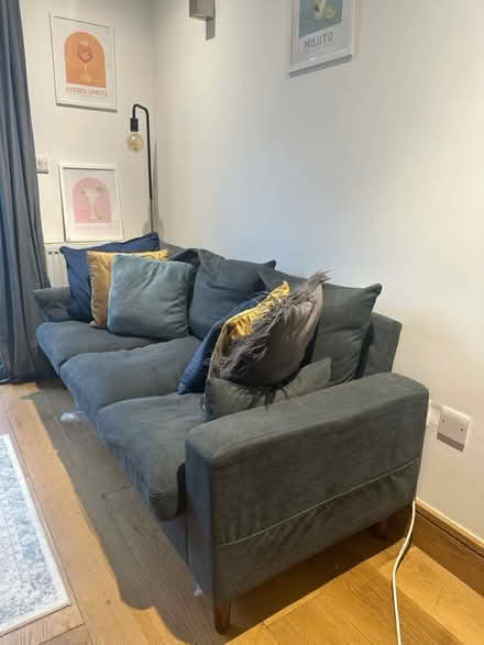 Photo of free 3 seater grey-blue sofa (Battersea Park) #2