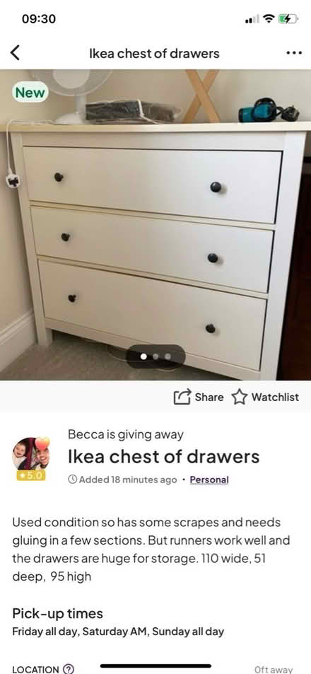 Photo of free Ikea chest of drawers HEMNES (Archway N19) #1