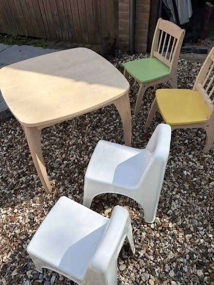 Photo of free Children’s wooden table and chairs Plus 2 plastic chairs (Newtown RG20) #1
