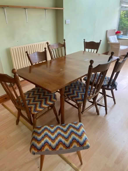 Photo of free Wooden table, 6chairs +foot stool (Peterborough Broadway PE1) #1