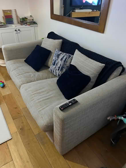 Photo of free 3 Seater Beige Sofa with Throw & Pillows (Locksbottom BR6) #1