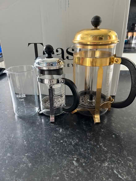 Photo of free Two cafetières, tweed cosy for large cafetiere & spare glass (Clarkston G76) #1
