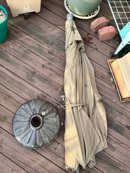 Photo of free Patio umbrella - 10 ft open + base (1st St & Veirs Mill Rd) #2